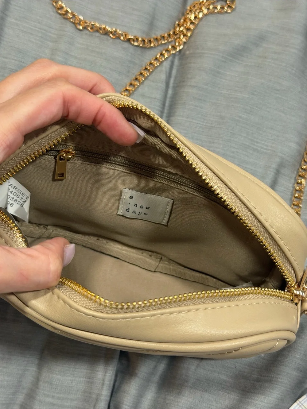 a new day Beige Quilted Crossbody with Gold Chain Strap